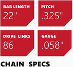 KAKEI 22 Inch Chainsaw Chain .325" Pitch .058" Gauge 86 Drive Links for Blue Max 20160 57cc (3 Chains) - Full Chisel
