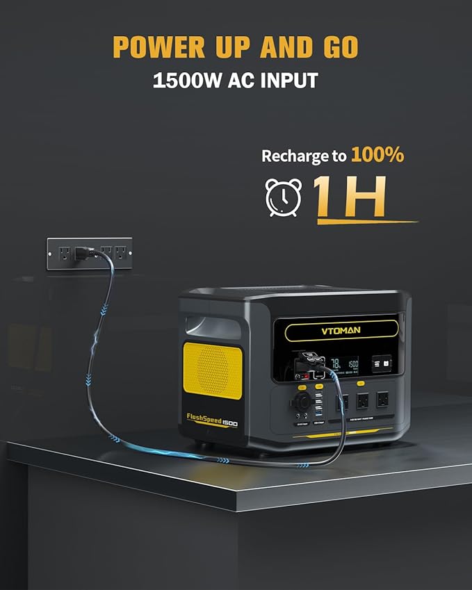 VTOMAN FlashSpeed 1500 Portable Power Station 1548Wh - Recharge 0-100% within 1H, LiFePO4 Battery Powered Solar Generator with 110V/1500W AC Output/Input, 100W USB Port for Camping, Home Backup
