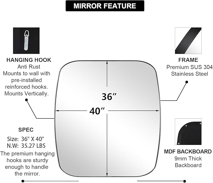 ANDY STAR Chrome Oblong Mirror, 36x40 Inch Polished Chrome Oval Mirror for Bathroom with Stainless Steel Metal Frame, Wall Mouned for Bathroom, Living Room, Entryway