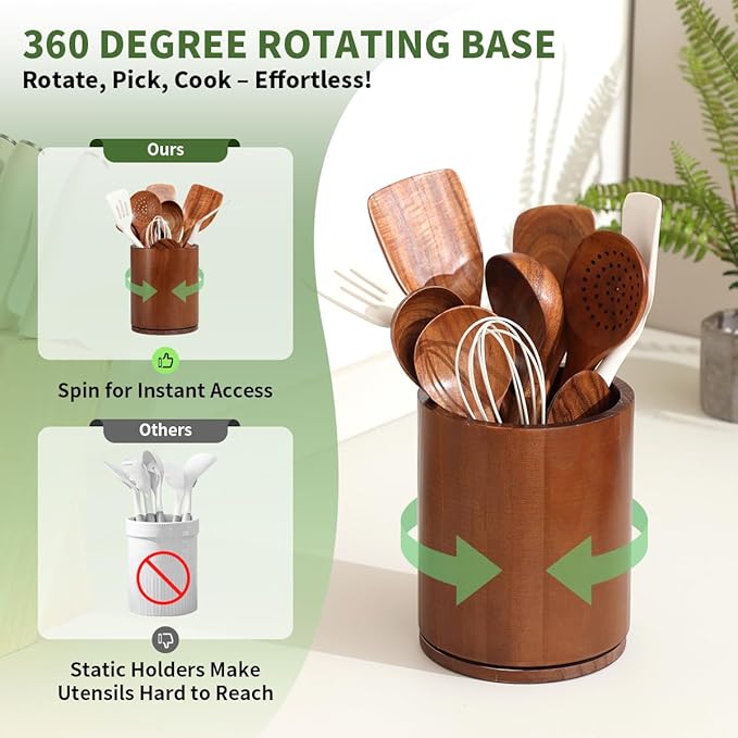 Walnut Utensil Holder, 360° Rotating 7.3 in Kitchen Organizer | Rustic farmhouse countertop decor. 360° rotating base holds spatulas, ladles, tongs, and cooking tools. Rich walnut finish