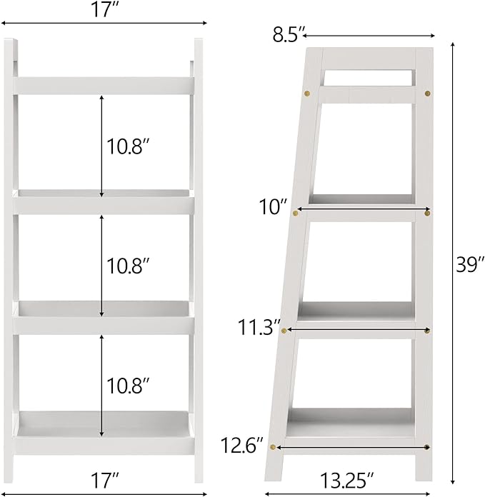 4 Tier Bamboo Bookshelf, Free Standing Ladder Shelf, Storage Shelf Rack for Bathroom, Kitchen, Living Room - White