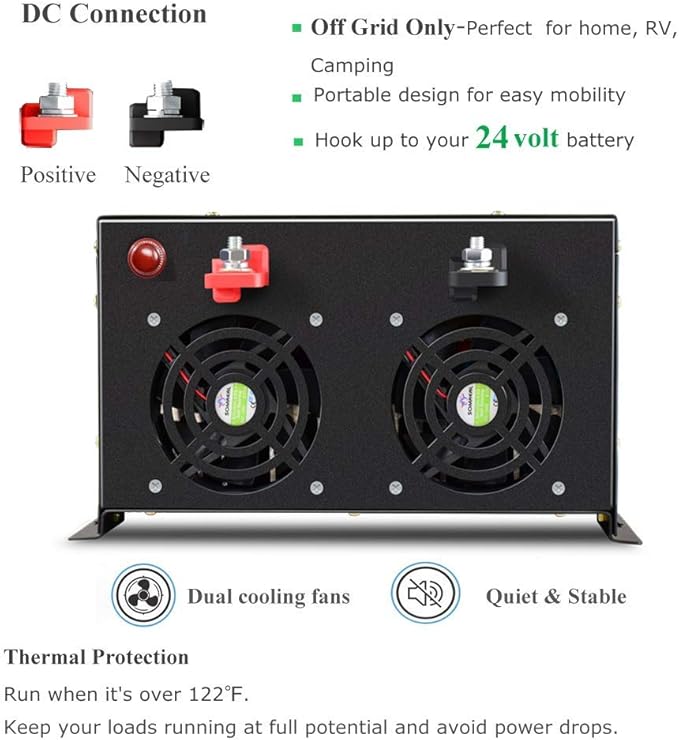 Reliable 8000W Continuous Power Heavy Duty Pure Sine Wave Power Inverter DC 24V to AC 120V with 4 AC Outlets Remote Control 66A Hardwire Terminal and LED Display for RV Car Solar System Emergency
