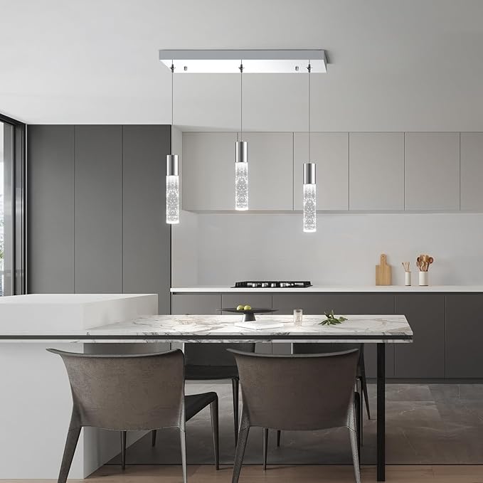 OKELI Smart 3-Light LED Pendant Lighting for Kitchen Island, 18W 1350LM Adjustable 3000K-6000K, Dimmable via TUYA App & Voice Control (Alexa/Google Home), Modern Crystal Bubble Pendant,Chrome Square