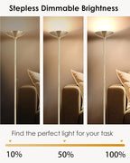 BoostArea Torchiere Floor Lamp Gold, 30W Super Bright LED Standing Lamp, 3000K Stepless Dimmable Pole Lamp with Rotary Switch, 70 Inch Tall Metal Modern Floor Lamps for Living Room/Bedroom/Office/Den