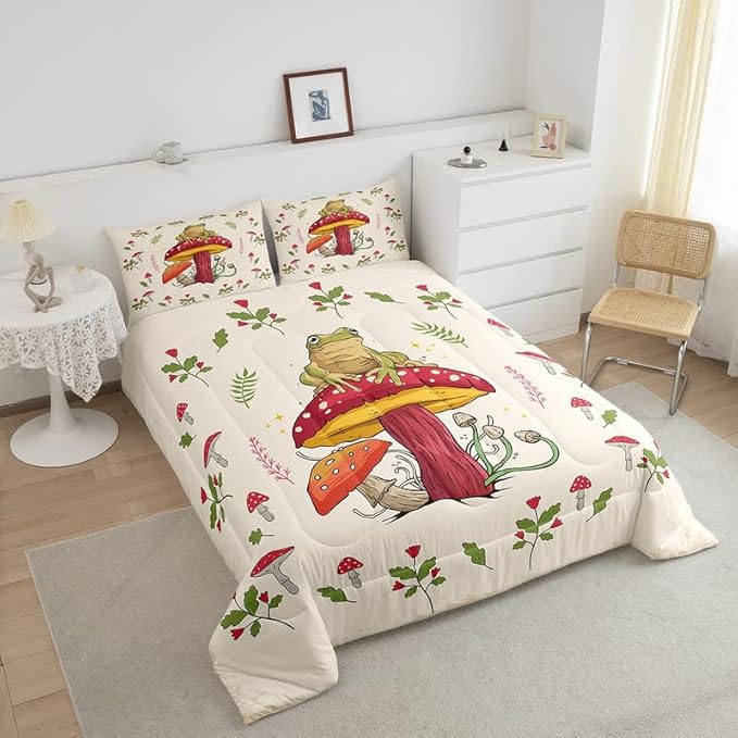 Frog Print Bedding Set Kids Kawaii Decor Comforter Set Frog Mushrooms Comforter Cover Set for Room Decor Botanica Cute Mushroom Decor Beige Red Duvet Set Full Size 3Pcs Quilt Set