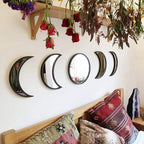 5 pcs Scandinavian Natural Decor Acrylic Moonphase Mirrors Interior Design Wooden Moon Phase Mirror Bohemian Wall Decoration for Home Living Room Bedroom Decor - No Need to Punch (Black)