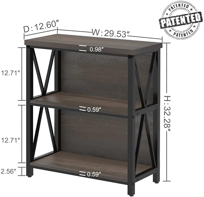 FATORRI Rustic Short 2 Shelf Bookshelf, Industrial Low Wood Bookcase, Farmhouse Small Book Case for Small Space (Walnut Brown)
