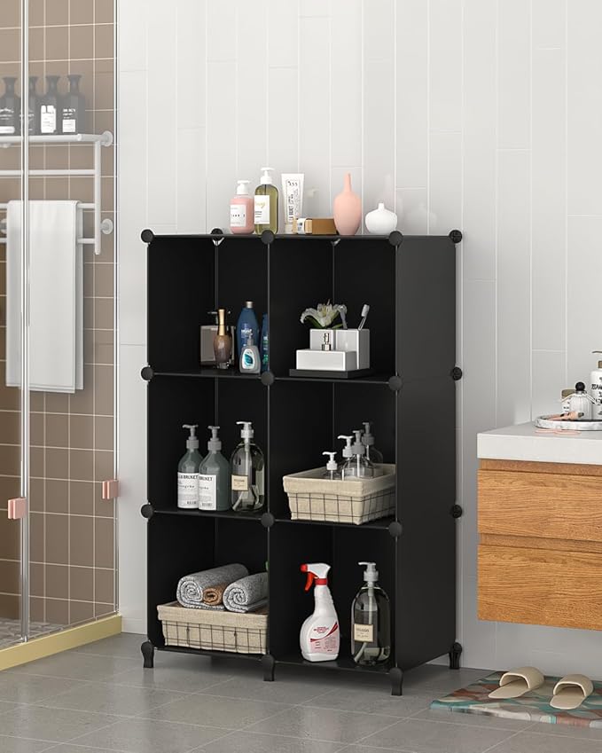 FUNLAX Cube Storage Shelf, 16 Storage Cubes Closet Organizers and Storage Portable Cube Storage Organizer Plastic Bookshelf Bookcase for Study Room, Bedroom, Office, Black