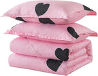 Girls Pink Comforter Set Twin Size, Blush Pink Cute Love Heart Print Sexy Comforter Bedding Set for All Seasons, Geometric Soft Microfiber Comforter Set with Pillowsham