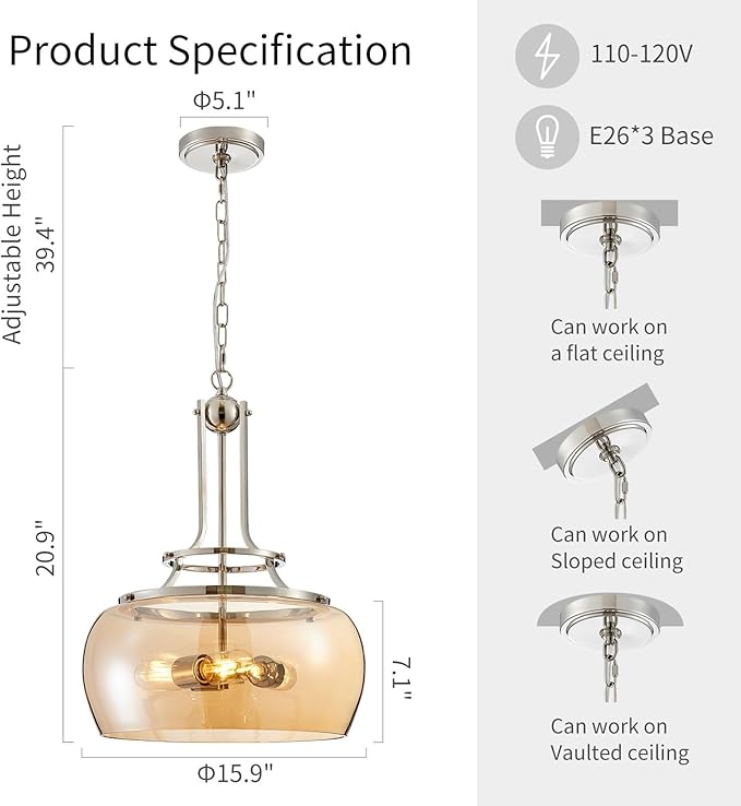 WUZUPS Nickel Chandelier Rustic Farmhouse Industrial Round Ceiling Pendant LED Light Fixture with Amber Glass Shade for Dining Room Kitchen Island Foyer Entryway, H 20.9" W 15.9", E26 Base