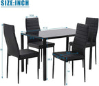 FDW | 5-Piece Dining Table Set | Black | Glass Kitchen Table | With 4 Upholstered Chairs and Faux Leather Cushions | Space-Saving and Modern Design | Easy to Assemble | for Dining Room
