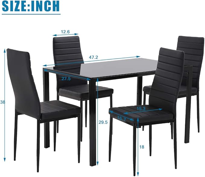 FDW | 5-Piece Dining Table Set | Black | Glass Kitchen Table | With 4 Upholstered Chairs and Faux Leather Cushions | Space-Saving and Modern Design | Easy to Assemble | for Dining Room