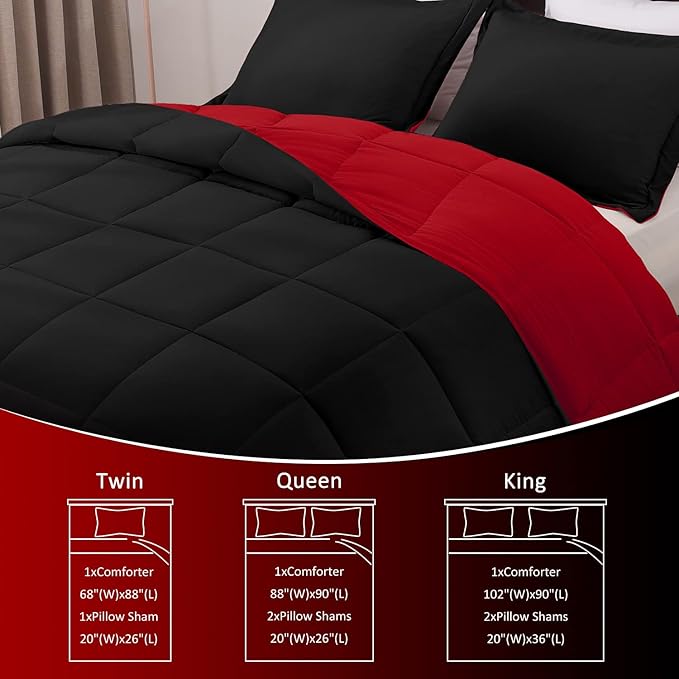 Basic Beyond Queen Comforter Set - Fluffy Comforter Queen Set for All Seasons - Reversible Red and Black Comforter Set Queen for Mens - 3 Pieces (1 Comforter + 2 Pillow Shams)