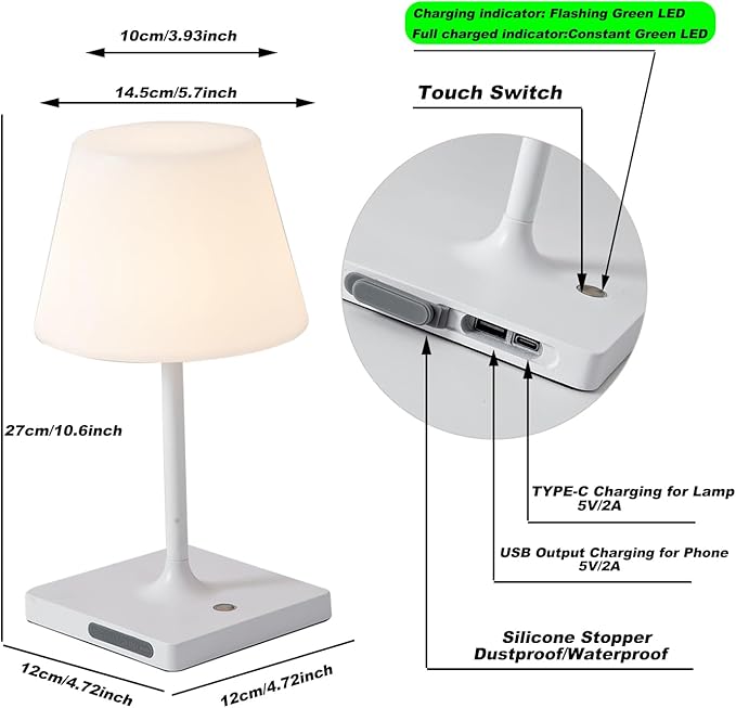Cordless Table lamp, Outdoor Battery Operated Rechargeable Desk lamp,Waterproof Shower Lamp,4000mAh LED 3 Colors Small Wireless lamp for Kitchen Counter -White