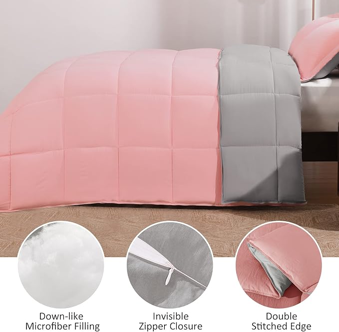 Basic Beyond Queen Comforter Set - Fluffy Comforter Queen Set for All Seasons - Reversible Pink Comforter Set Queen for Mens - 3 Pieces (1 Comforter + 2 Pillow Shams) - Pink/Grey