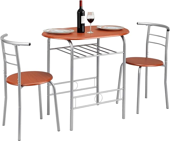 VINGLI 3 Piece Dining Set, Small Kitchen Table Set for 2, Breakfast Table Set, Kitchen Wooden Table with 2 Chairs for Small Space/Dining Room/Apartment, Metal Frame, Wine Rack, Russet