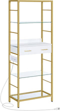 HOOBRO 5 Tier Bookcase, White and Gold Bookshelf with Drawer, Storage Shelves with Charging Station, Tempered Glass Bookshelf with Metal Frame, Open Display Shelves for Living Room, Gold DW65USJ01