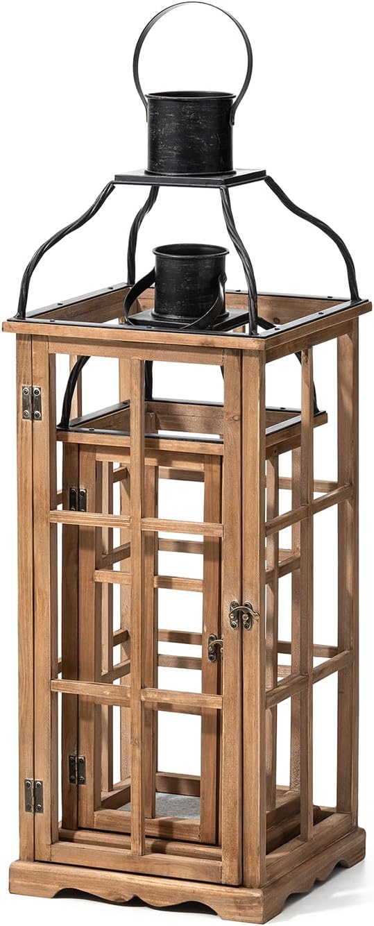 Glitzhome Set of 2 Oversized Farmhouse Wood Lanterns with Metal Top Decorative Hanging Candle Lanterns for Home Décor, Natural (No Glass)