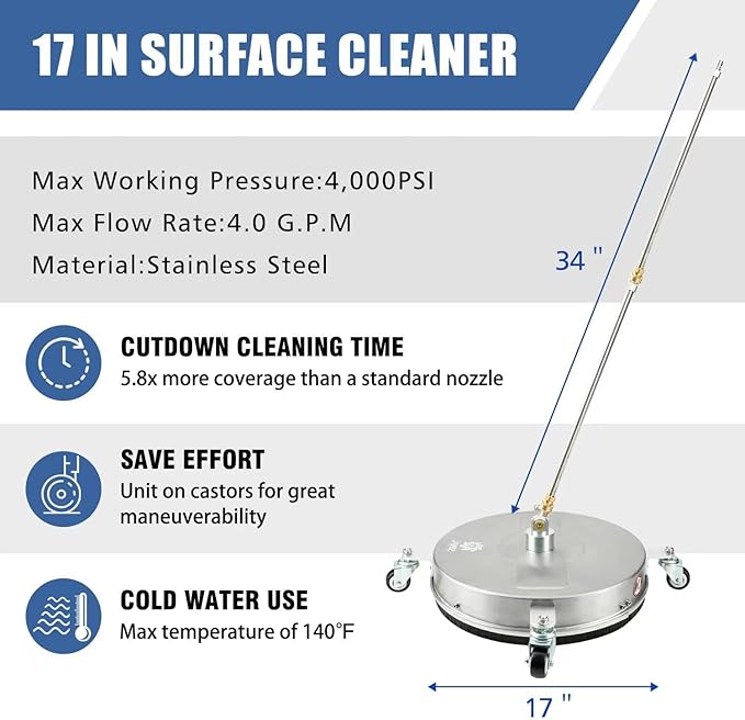 janz 17" Pressure Washer Surface Cleaner with 4 Wheels, 1/4" Quick Plug, 2 Extension Wands, 2 Replacement Nozzles and 3 Spray Nozzles, 4000 PSI