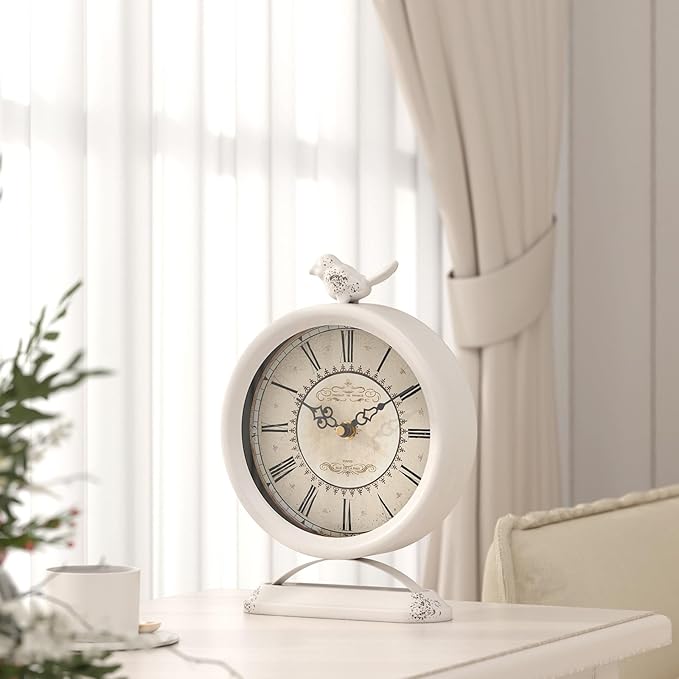 Vintage Table Clock with Bird, European Antique Style White Mantel Clocks, Desk and Shelf Decor Clock, for Farmhouse, Bedside, Living Room, Bedroom, Gift (9" H x 6.5" W)