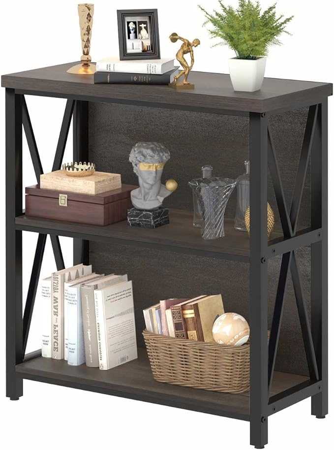 FATORRI Rustic Short 2 Shelf Bookshelf, Industrial Low Wood Bookcase, Farmhouse Small Book Case for Small Space (Walnut Brown)
