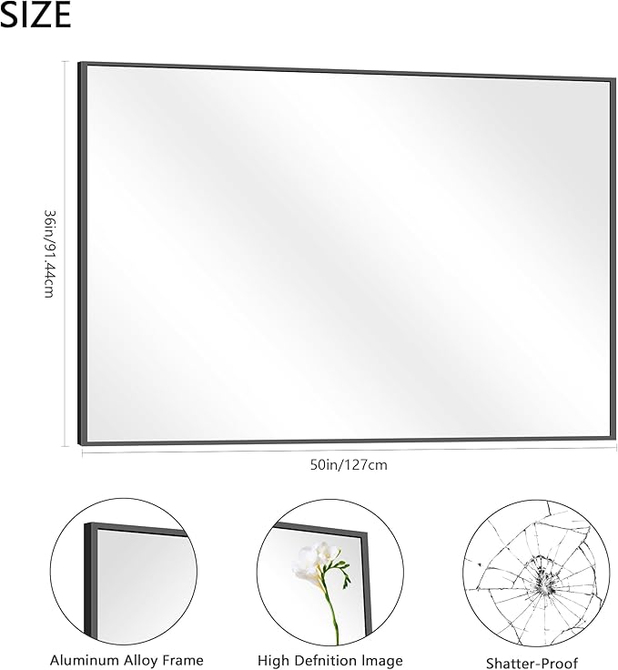 36x50inch Bathroom Mirror, Black Rectangle Mirrors with Thin Metal Frame, Large Rectangular Wall Mirror for Bathroom, Living Roomm, Hair Salon, Big Farmehouse Mirror Hang Horizontal/Vertical