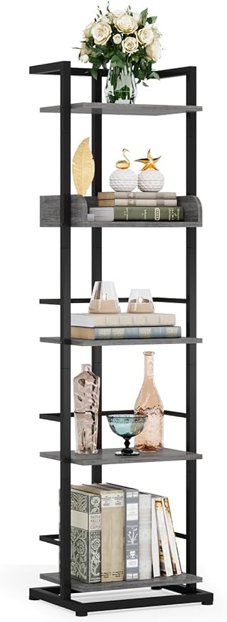 Bookshelf 5-Tier Book shelf - Narrow Wood Bookcase Tall Corner Book Shelves Storage Organizer Display Book Rack for Living Room Bedroom Office Home Grey