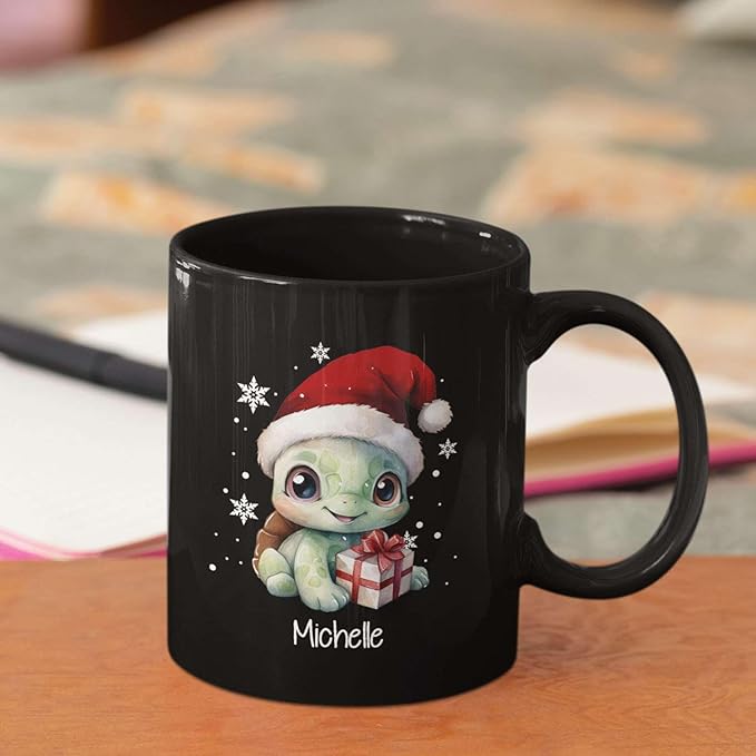 Coffee Mug With Xmas Turtle Design, Personalized Turtle Wearing Santa Hat Cup, Cute Baby Animal Black Mug 11oz 15oz, Custom Christmas Ceramic Cup, Customized Christmas Animal Mug Gift