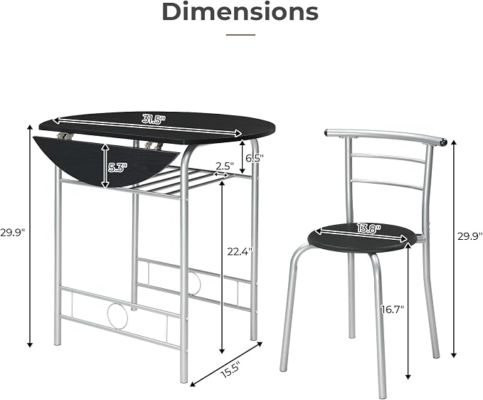 VINGLI 31.5" Drop Leaf Dining Table Set for 2, 3 Pieces Dining Table with Chair for Small Space, Small Kitchen Extendable Folding Dining Table for Dining Room，Home, Apartment, Saving Places, Black