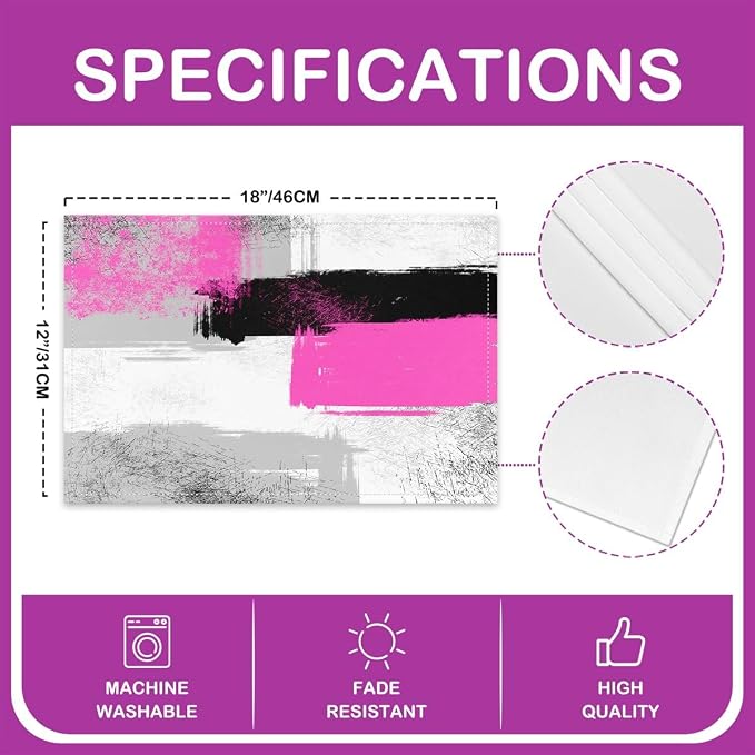 Feelyou Hot Pink Black Grey White Placemats Set of 4 for Kids Boys Girls Abstract Placemat for Kitchen Dining Table Decor Indoor Outdoor 18"x12" Ombre Modern Table Place Mats, Decor Buffalo Check