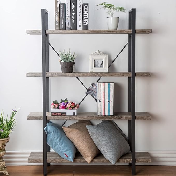 HSH 4-shelf Vintage Industrial Bookshelf, Rustic Gray Wood and Metal 4 Tier Bookcase, Open Wide Etagere Book Shelf for Home Office Livingroom Bedroom Dispaly, Light Grey Oak
