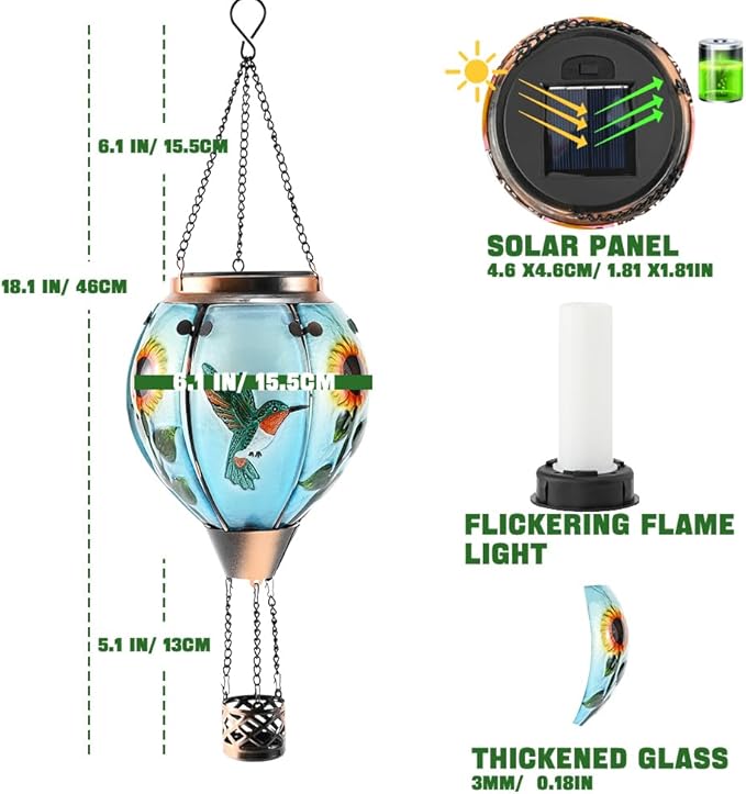 Hot Air Balloon Solar Lantern - Hummingbird Glass Lantern, Simulated Flickering & Dancing Flame, Outdoor Hanging Sunflower Yard Light Waterproof IP65 for Patio Lawn Porch Decor Gift