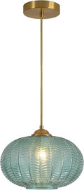 KCO Lighting Green Glass Chandelier Vintage Gold Pendant Light Large Green Ribbed Ceiling Light Antique Brass Hanging Light Mid Century Modern Pendant Lights Kitchen Island