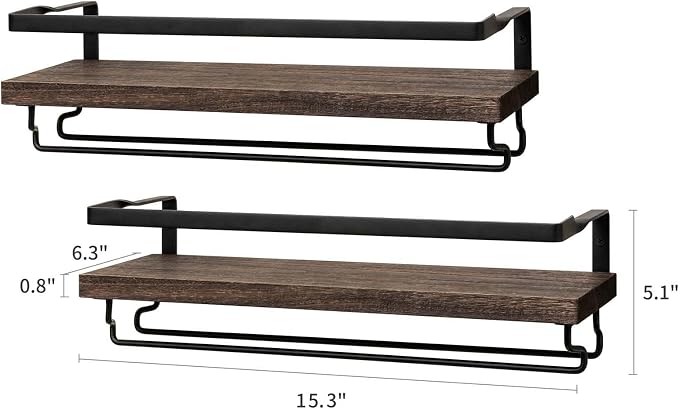 Mkono Wall Mounted Wine Rack Set of 2 Wood Shelf Rustic Wine Bottle Glass Floating Shelves with Stemware Hanger Modern Plants Photos Wine Display Storage Holder for Kitchen Dining Room Bar, Black | Space Saving, Stem Hanger, Floating Design, Store Wine...