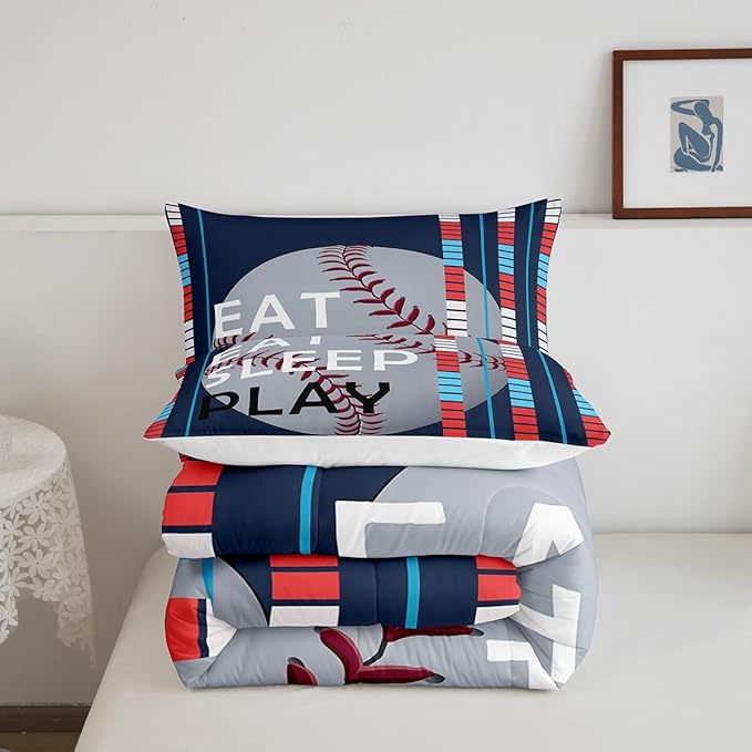 Baseball Comforter Set Sports Game Bedding Set for Boys Girls Baseball Gaming Blue Stripe Comforter Gift for Baseball Softball Lover Room Decor Full Size Quilt Boys