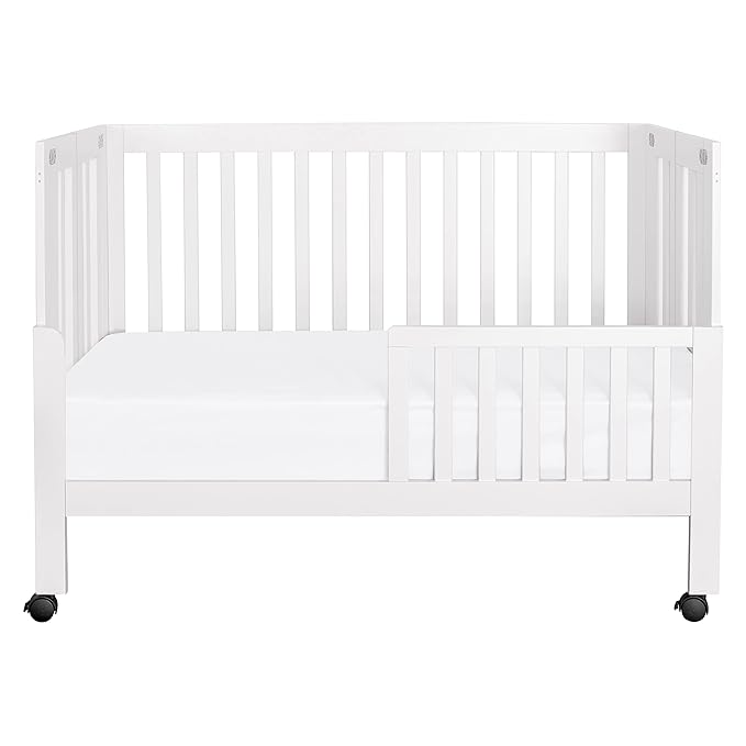 Babyletto Maki Full-Size 2-in-1 Portable Folding Crib with Toddler Bed Conversion Kit in White, Greenguard Gold Certified