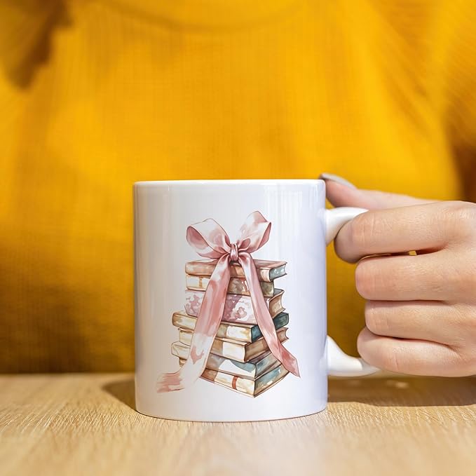 JINYO Coquette Pink Bow Books Mug, Book Coffee Cup, Reading Mugs for Book Lovers, Gifts for Readers Books Lovers Women, Bookish Bookworm Gifts for Women, Ceramic Coffee Tea Mug 11 oz
