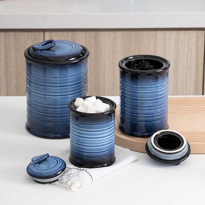 Nihow Food Storage Jar Sets: Ceramic Container with Air Tight Lid for Flour/Sugar/Rice/Coffee/Cookies/Candy - Seal Damp-proof Canister for The Kitchen - Set of 3 （Blue & Black）