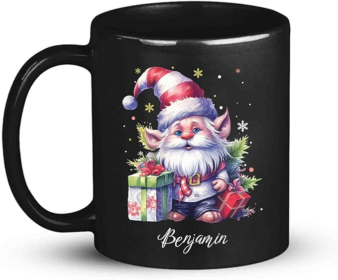 Cute Gnome And Gifts Design Mug, Customized Christmas Gnome Black Cup 11oz 15oz, Gnome Lover Coffee Mug With Custom Name, Gift For Children, Personalized Xmas Gnome Ceramic Cup