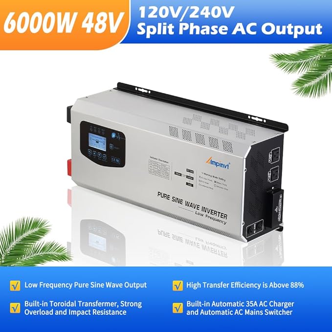 Ampinvt 6000W Peak 18000W Pure sine Wave Inverter 48V DC to 120V 240V AC Split Phase Output, with ac Battery Charger, Low Frequency Off Grid Power System, for Sealed Gel Agm Flooded Lithium Battery