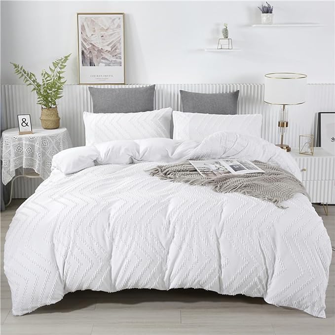 Wellboo White Tufted Jacquard Boho Comforter Set Full Size White Bedding Set Shabby Chic All Season Bed Quilt Women Men White Farmhouse Embroidery Blanket Soft Adult Broken Line Wave Geometry Bed