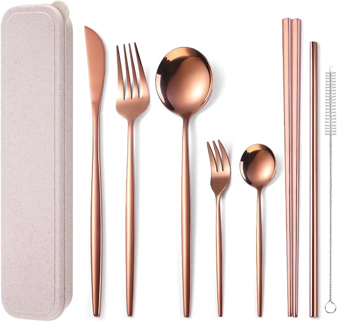 AARAINBOW 8 Pieces Stainless Steel Flatware Set Portable Reusable Cutlery Set Travel Utensils Set Including Chopsticks Knife Fork Spoon Straws Cleaning Brush Dishwasher Safe (Rose Golden)