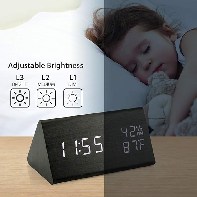 OCT17 Wooden Alarm Clock, Smart LED Digital Clock for Bedroom/desks, Upgraded with Time Temperature, Adjustable Brightness and Voice Control, Humidity Displaying - Black