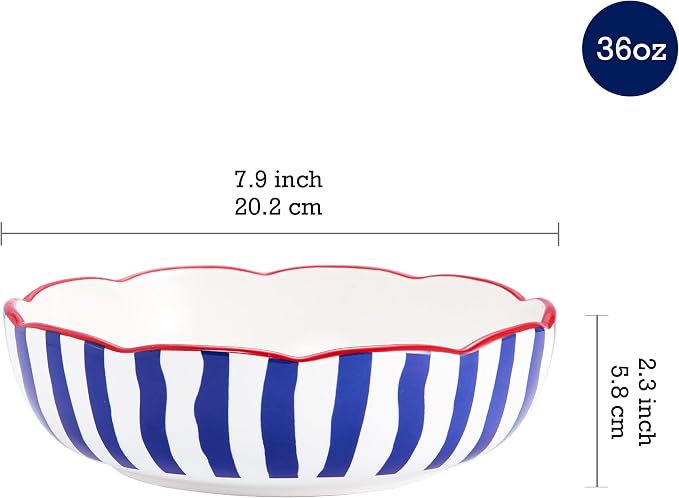 Bico Ocean Wonders Scalloped Pasta Bowls, 36oz Salad Bowl Set of 4, Large Ceramic Serving Dinner Bowls for Soup and Cereal, Microwave and Dishwasher Safe, Gift for Housewarming and Holiday
