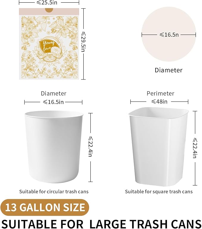VOK 13 Gallon Trash Bags with Lemon Print & Drawstring, Tear-Resistant Tall Kitchen Garbage Bags, Heavy-Duty Kitchen Trash Bags for Home, 50 Counts