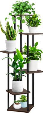 6 Tier Wood Tall Plant Stand Metal Rack Indoor, Multiple Flower Pot Holder Shelves Corner Rack, Planter Shelf Display Rack Storage Organizer for Patio Living Room Balcony Garden(Black Oak)