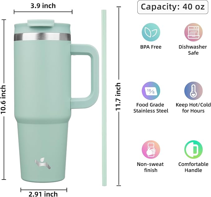 Konokyo 40 oz Insulated Tumbler Water Bottle with Handle, Straw Lid | BPA-free and dishwasher safe; made for gym, travel, coffee and gifting, 2 straws, cup holder friendly,Retro Green