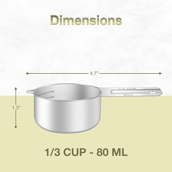 2PCS 1/3Cup (80ml, 2.6oz) Single Measuring Cup, Etched Inner Scale Stainless Steel Measure Scoop, Metric and US Measurement, Dishwasher Safe