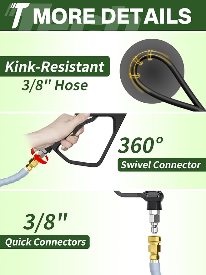 3/8" 4800PSI Pressure Washer Hose 200FT with Swivel Quick Connect for Cold/Hot Water Max 248°F, Kink Resistant Steel Wire Braided, Wear Resistant Power Washer Hose with M22 14mm Adapter