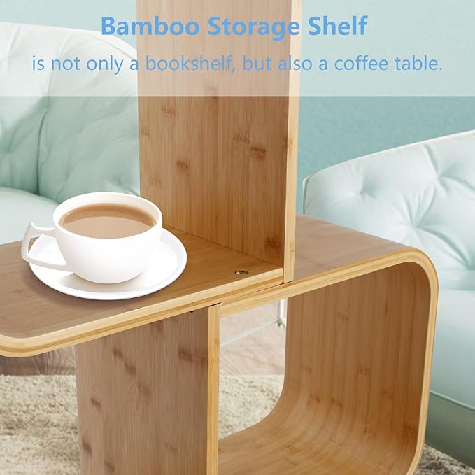 5-Tier S-Shaped Geometric Modern Bamboo Bookshelf, Large Capacity Creative Display Curved Rack Free-standing Bedside Table 2 in 1 Bookcase Storage CDs, DVDs Book Shelf for Home, Office, Living Room